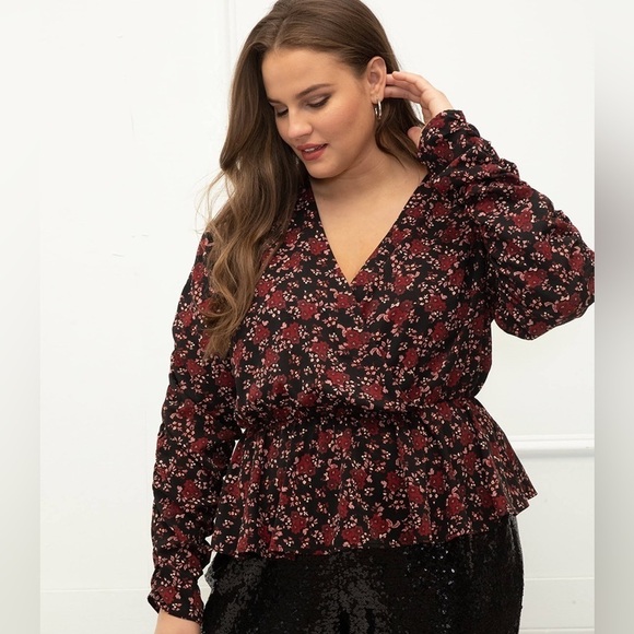 Eloquii Elements Black Burgundy Floral Long Sleeve V Neck Peplum Top- Size 16 - Picture 1 of 11
